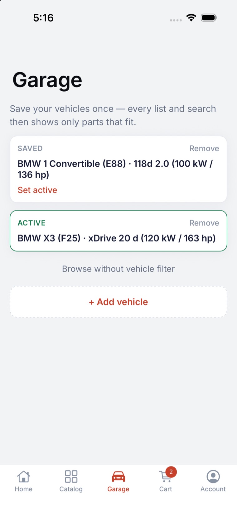 The Motarix garage screen, listing saved vehicles down to the engine variant