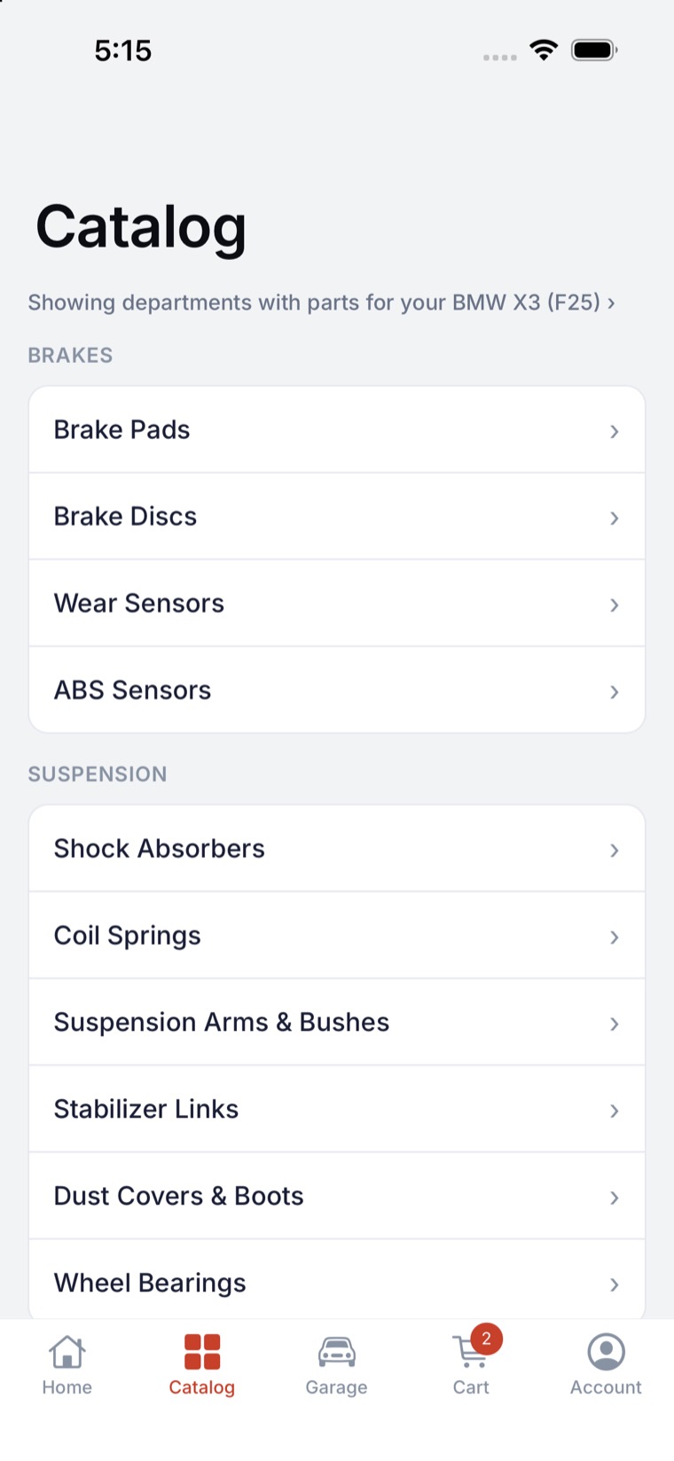 The Motarix catalogue screen showing brake and suspension departments