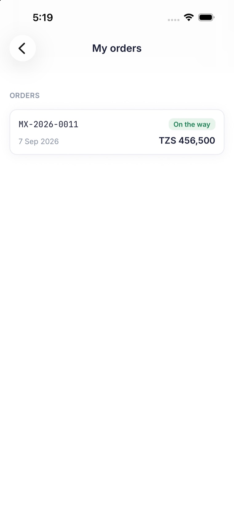 The My orders screen in the Motarix app, showing a placed order and its status