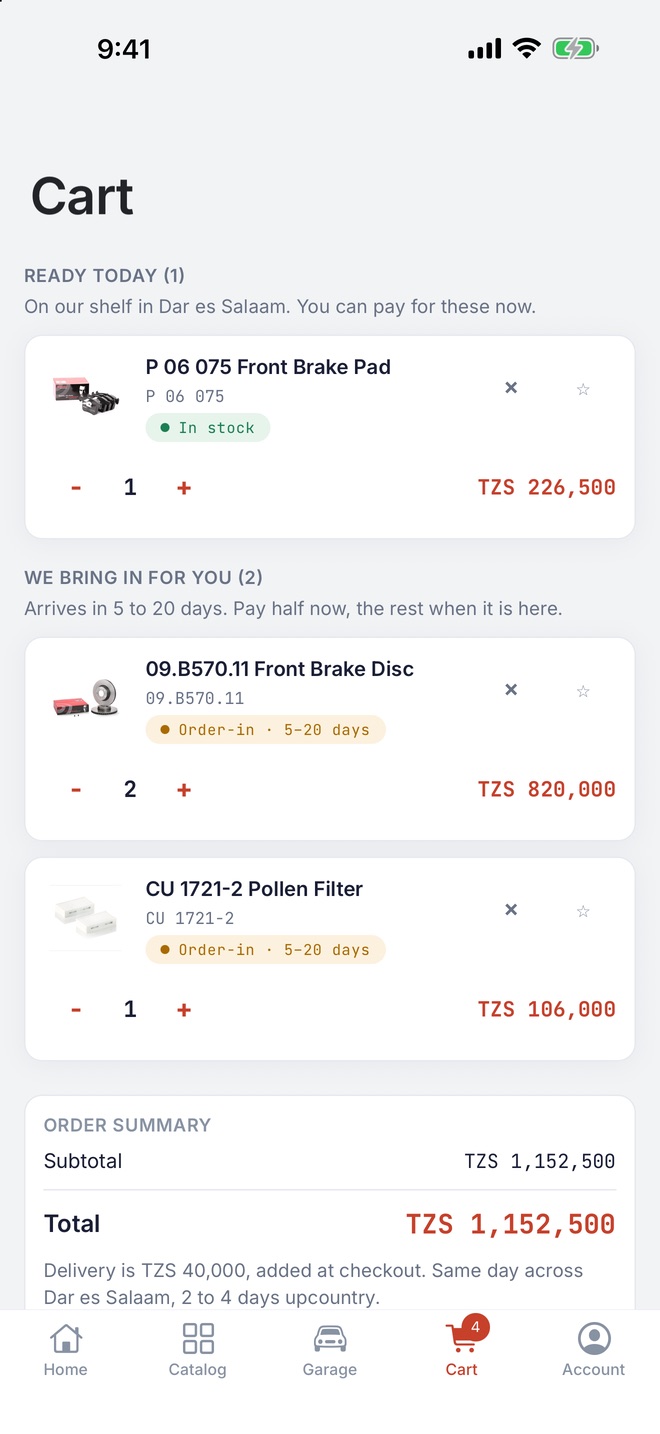 The Motarix app's cart in two lanes: a brake pad ready today, and a brake disc and a pollen filter we bring in, with the order summary