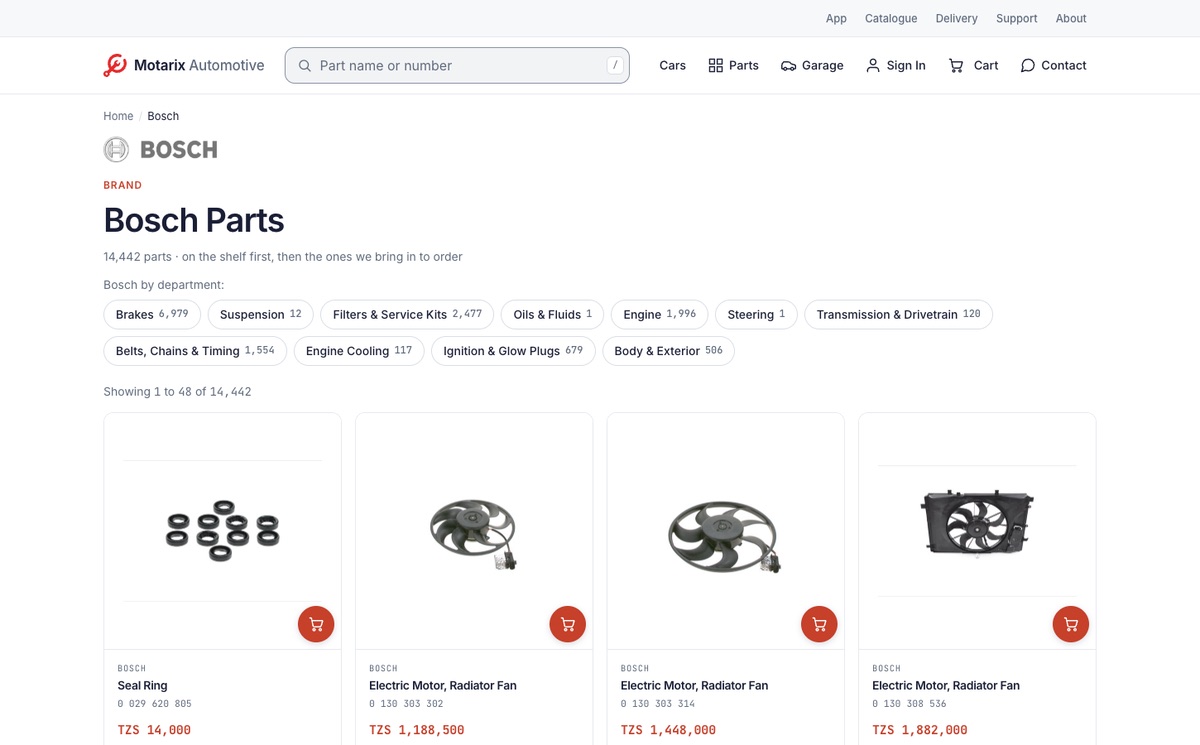 Our web shop's Bosch page: the logo, how many Bosch parts there are, and Bosch by department with how many parts each