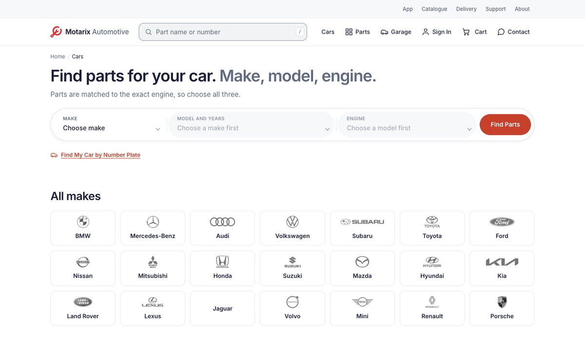 Our web shop's car finder, with its Find Parts button, the Find My Car by Number Plate link and the makes with their logos