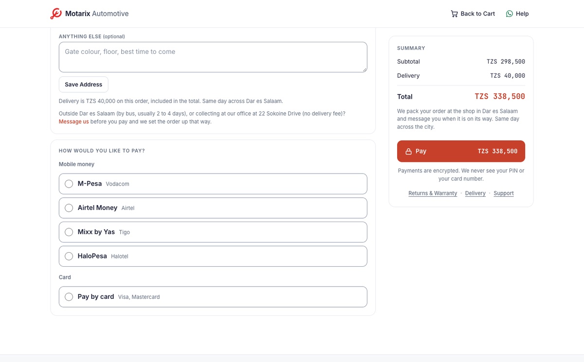 Our web shop's checkout: the ways to pay, M-Pesa, Airtel Money, Mixx by Yas, HaloPesa or card, and the summary with the total and the Pay button