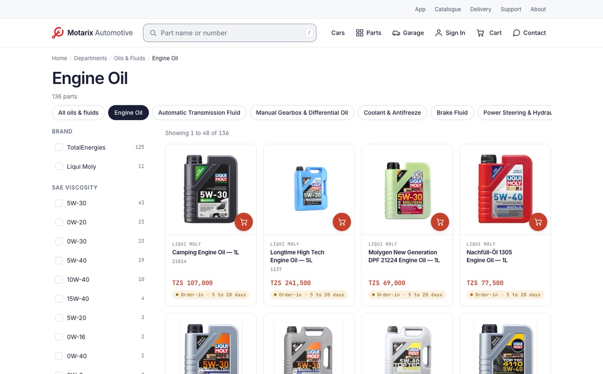 Our web shop's Engine Oil department with its filters: brands and SAE grades, each with how many parts it shows