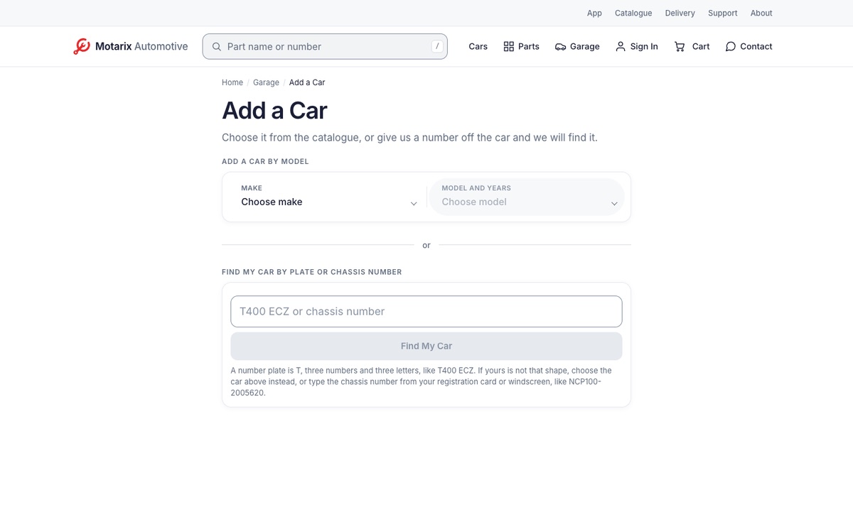 Our web shop's Add a Car page: choose the car by model, or find it by number plate or chassis number