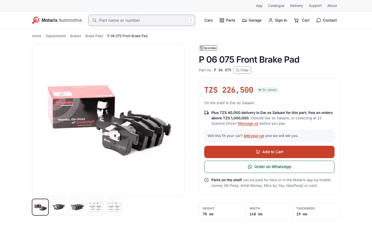 Our web shop's page for a Brembo front brake pad set: photos, the part number with a Copy button, the price and In stock