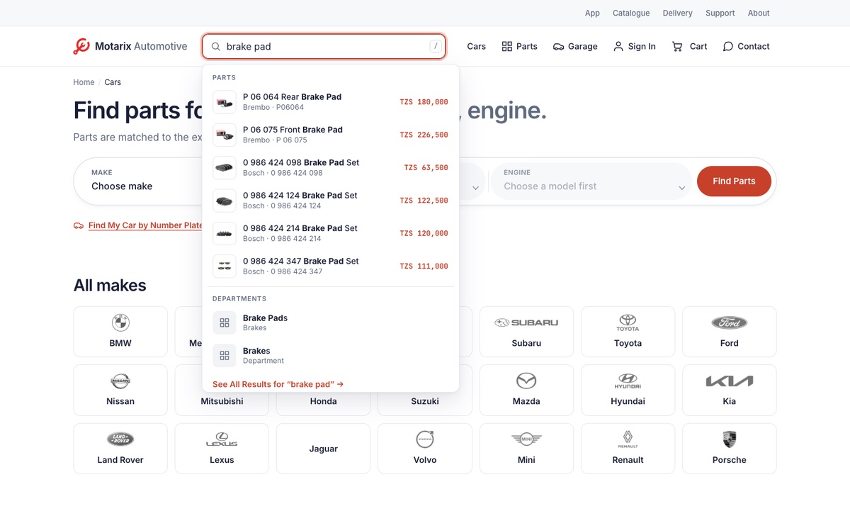 Our web shop's search box with suggestions for “brake pad”: Brembo and Bosch brake pads with their prices, and the Brake Pads and Brakes departments
